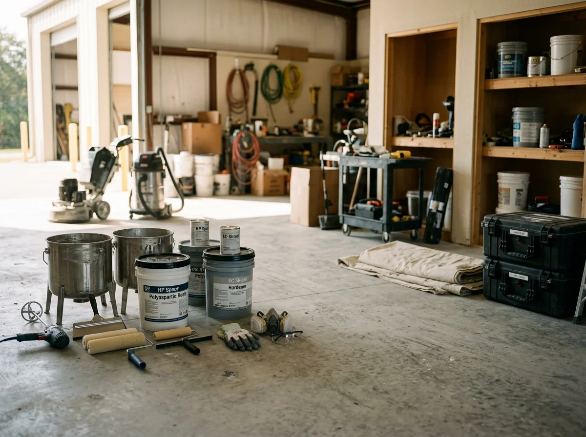 Professional concrete coating equipment and materials staged on a work floor, ready for residential and commercial epoxy application projects.
