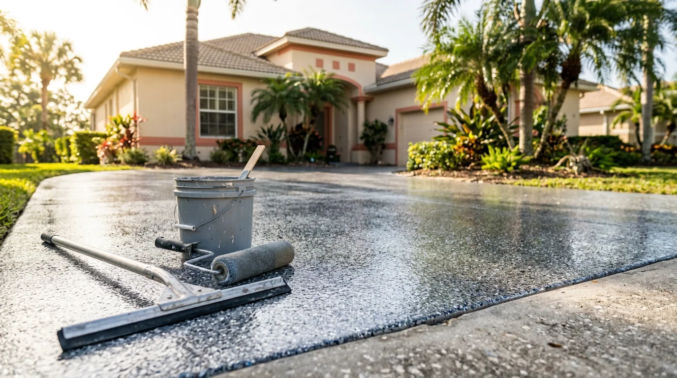 Epoxy-coated concrete driveway with glossy finish