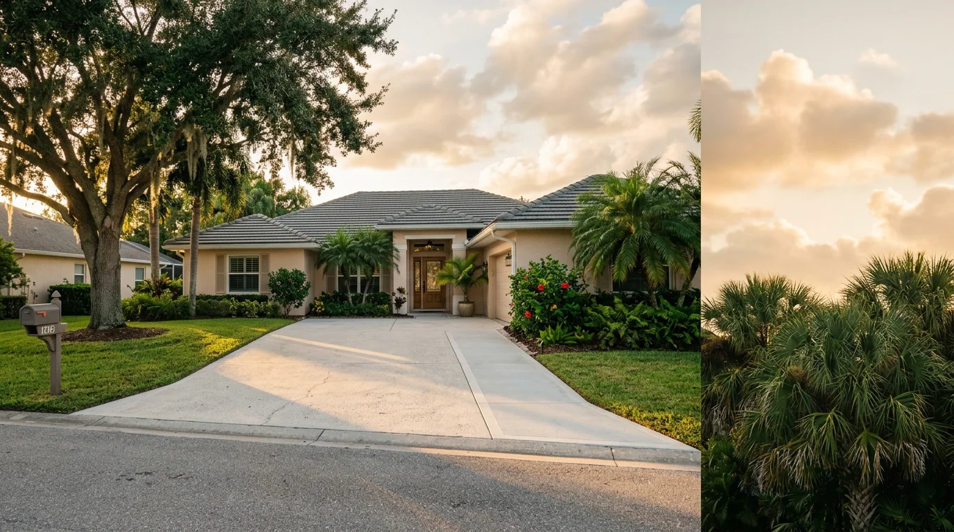 Residential home in Ft. Myers with mature landscaping and clear Gulf Coast sky in background.