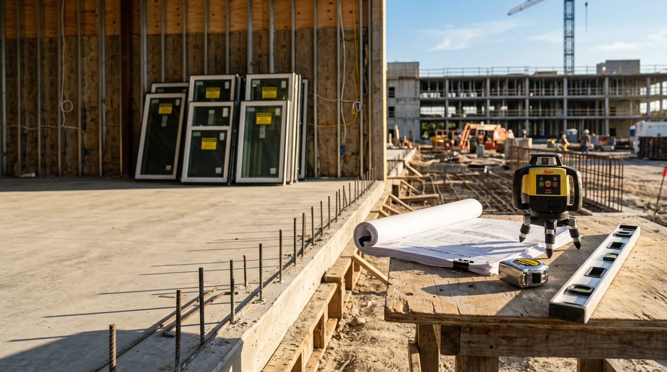 A completed commercial building exterior in Ft. Myers, FL, showing a finished storefront with impact-rated windows and a clean concrete facade. The structure reflects standard Lee County commercial construction along a Southwest Florida business corridor.