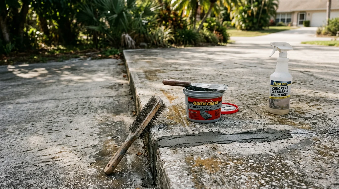 A Ft. Myers residential driveway with freshly patched and cleaned concrete showing repaired cracks and a smooth, even surface. A handyman from Ser-Eve LLC inspects the slab edge near the garage in Southwest Florida afternoon light.