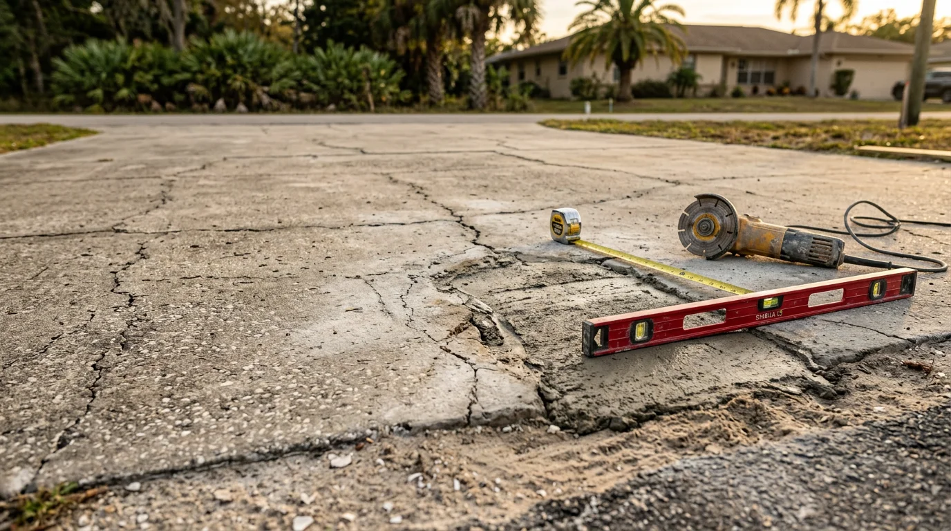 A repaired residential concrete driveway in Ft. Myers, FL, showing a smooth, level surface with filled cracks and no visible settling. The repair sits adjacent to a typical Southwest Florida home with a palm-lined front yard.