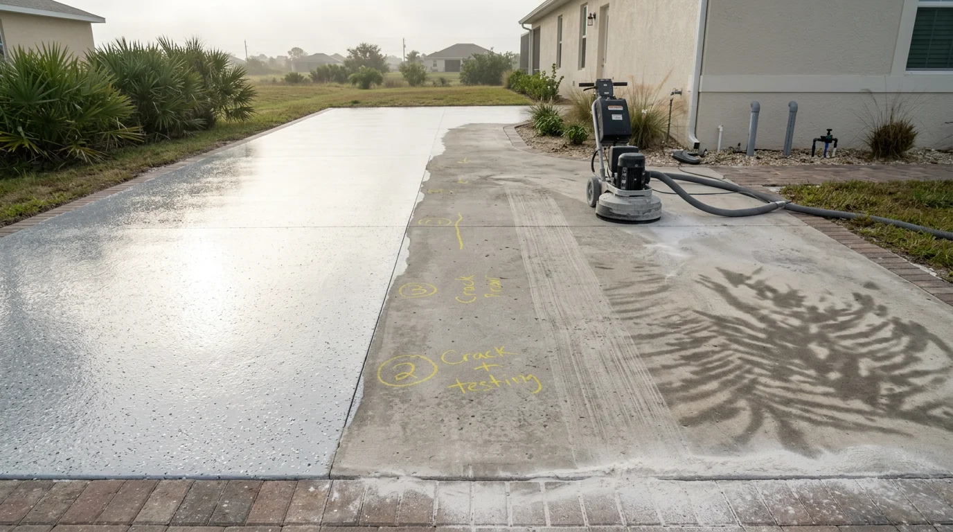 A freshly epoxy-coated residential concrete driveway in Ft. Myers, FL, showing a smooth, sealed surface with a uniform finish under bright Florida sunlight. The coated slab runs from the street to a single-car garage entry with no visible staining or surface wear.