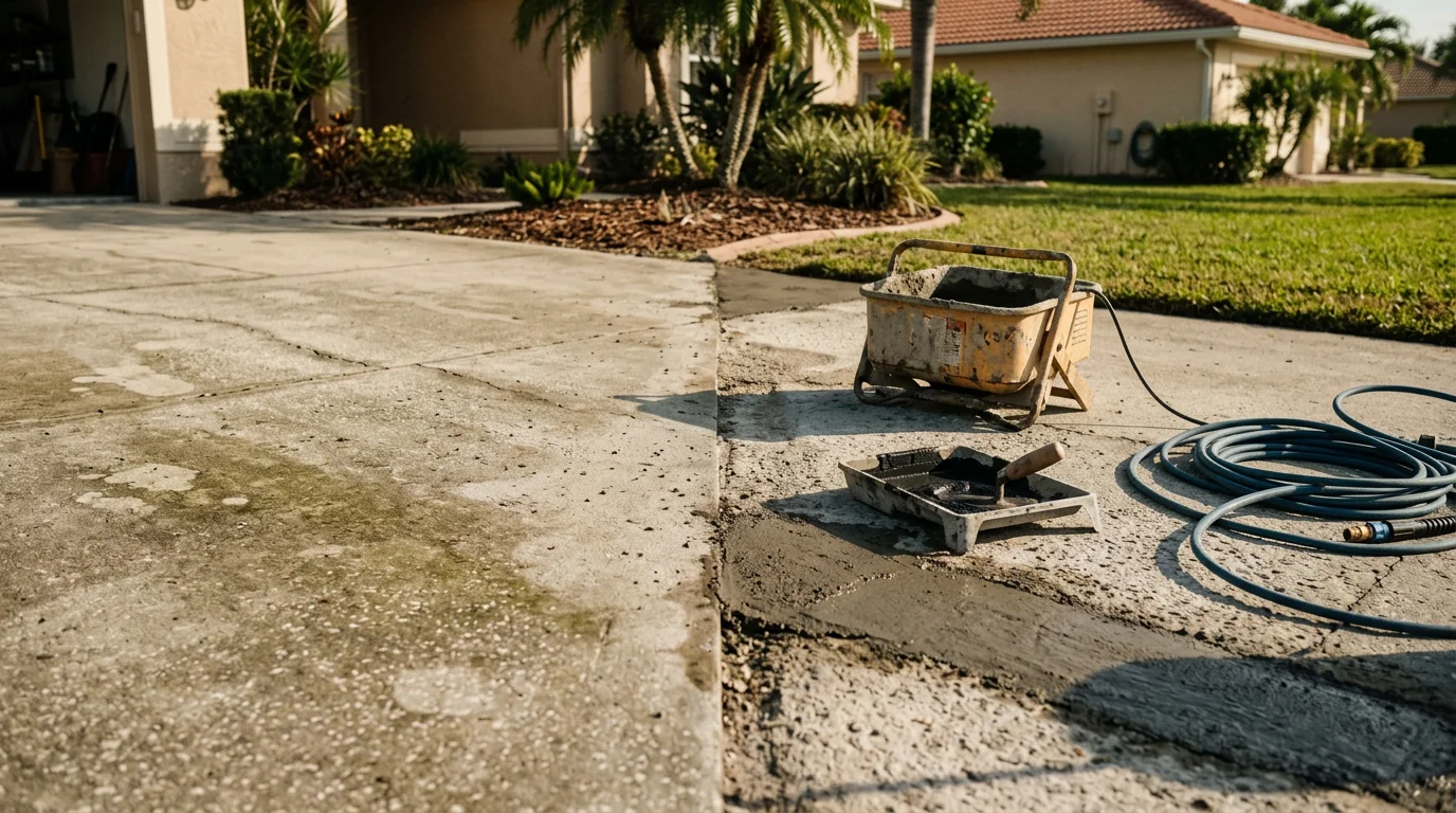 A repaired concrete driveway in front of a single-family home in Ft. Myers, FL, showing filled cracks and a smooth, level surface. The driveway edges are clean and no water pooling is visible near the garage.