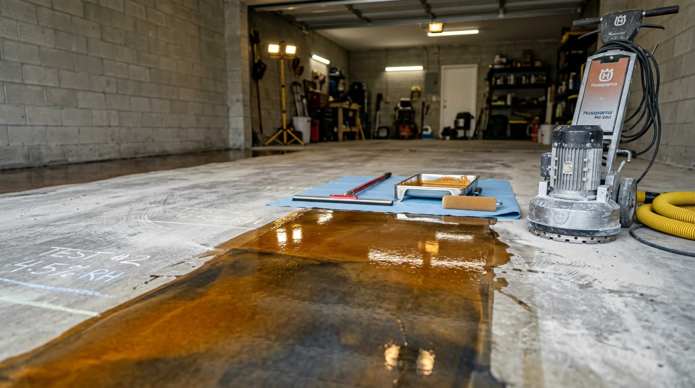A freshly epoxy-coated garage floor in a Ft. Myers, FL home showing a smooth, sealed surface with a uniform finish. The concrete slab reflects overhead lighting and shows no staining, cracking, or moisture damage.