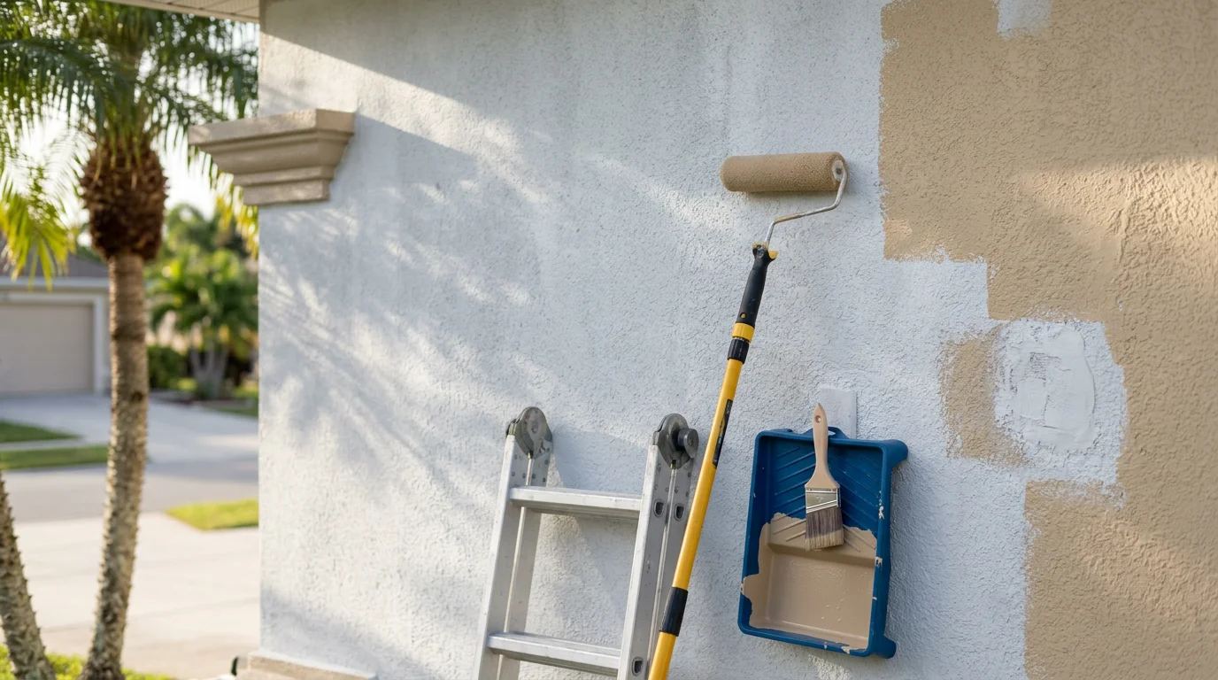 A freshly painted stucco home exterior in Ft. Myers, FL, with clean trim lines and a neutral coastal color. The painted facade shows no peeling or fading under bright Southwest Florida sunlight.