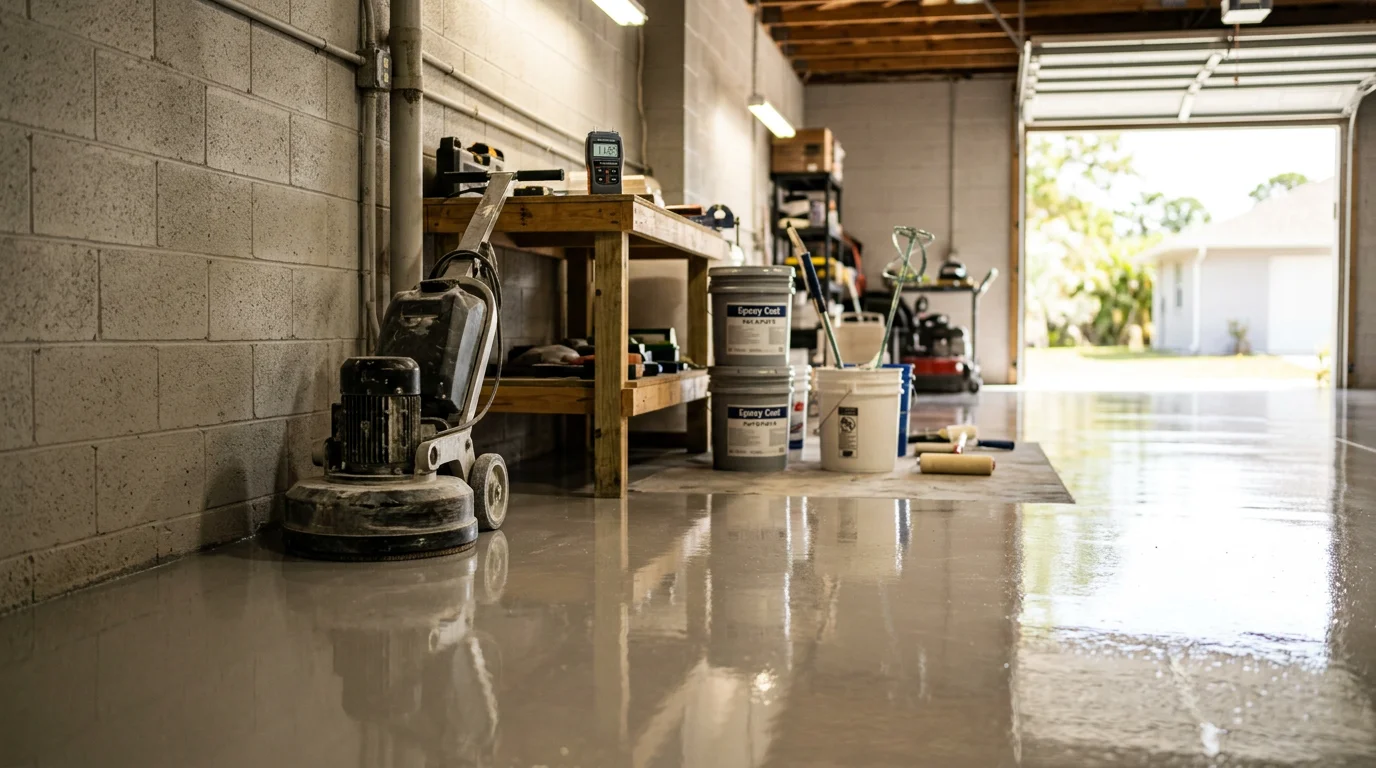 A freshly epoxy-coated residential garage floor in Ft. Myers, FL, showing a smooth, glossy surface with no stains or cracks. The sealed concrete reflects overhead lighting inside a two-car garage with the garage door open.