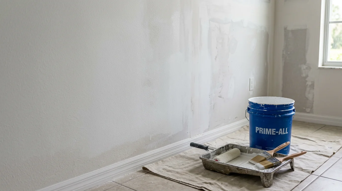 Interior room in a Ft. Myers, FL single-family home with freshly painted walls and trim in a clean, neutral finish. A professional painter from Ser-Eve LLC applies a smooth coat along a drywall wall with floors and furniture fully covered below.