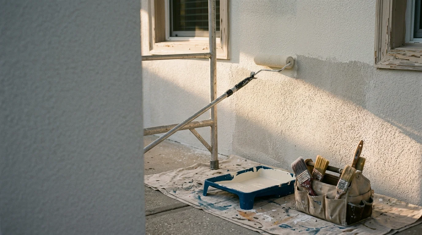 A Ft. Myers home exterior showing a smooth, freshly applied paint finish on stucco walls under bright Florida sunlight. A painter from Ser-Eve LLC applies a final coat to a prepared exterior surface in Southwest Florida.
