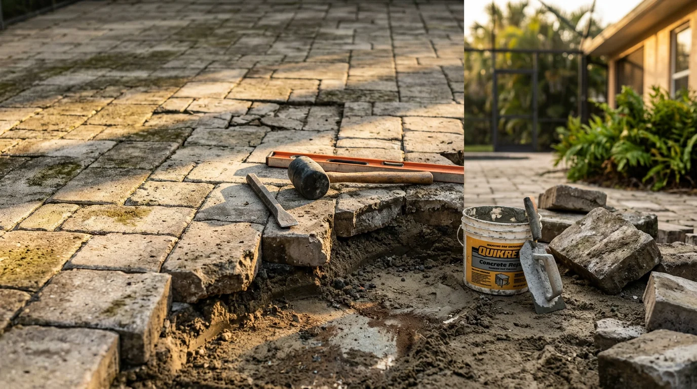 A repaired backyard patio in Ft. Myers, FL showing a level, crack-free concrete surface adjacent to a screened lanai. The surrounding yard reflects a typical Southwest Florida residential property with sandy soil and mature landscaping.