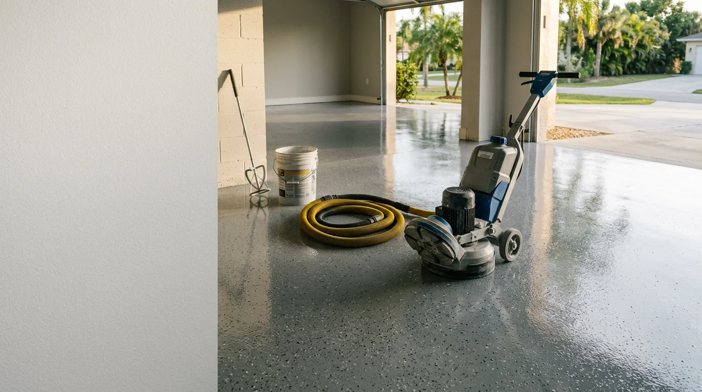 A freshly coated garage floor in a Ft. Myers home showing a smooth, high-gloss polyaspartic finish with no stains or cracks visible. The floor reflects overhead lighting and shows a clean, uniform surface across the full slab.