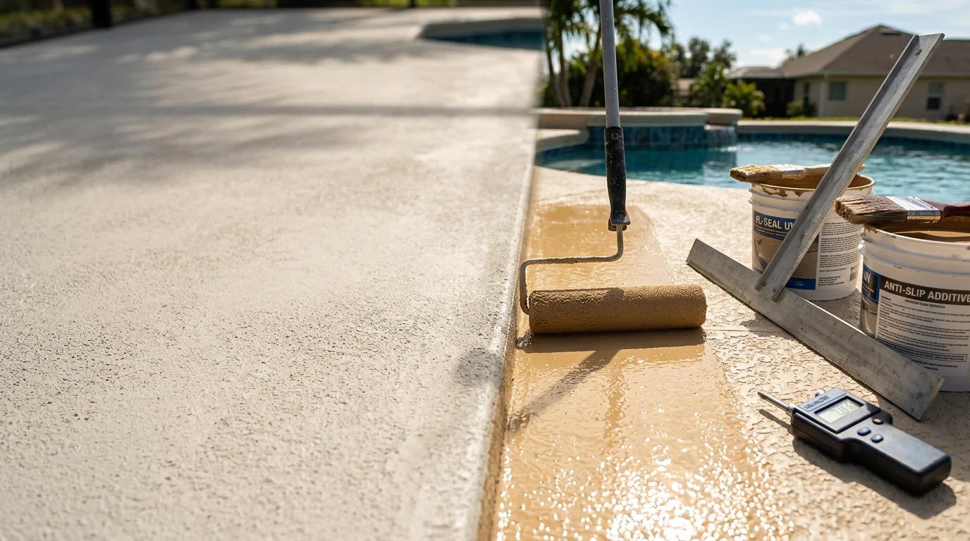 A freshly coated concrete pool deck at a Ft. Myers residential home, showing a slip-resistant textured finish in a light, heat-reflective color. The surface surrounds an in-ground pool with no visible cracks or staining.