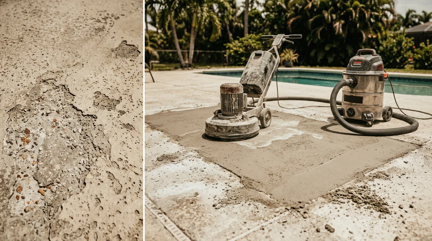 A repaired concrete pool deck at a residential Ft. Myers home showing a smooth, crack-free surface surrounding an in-ground pool. The finished deck shows even texture and no visible spalling or uneven joints.