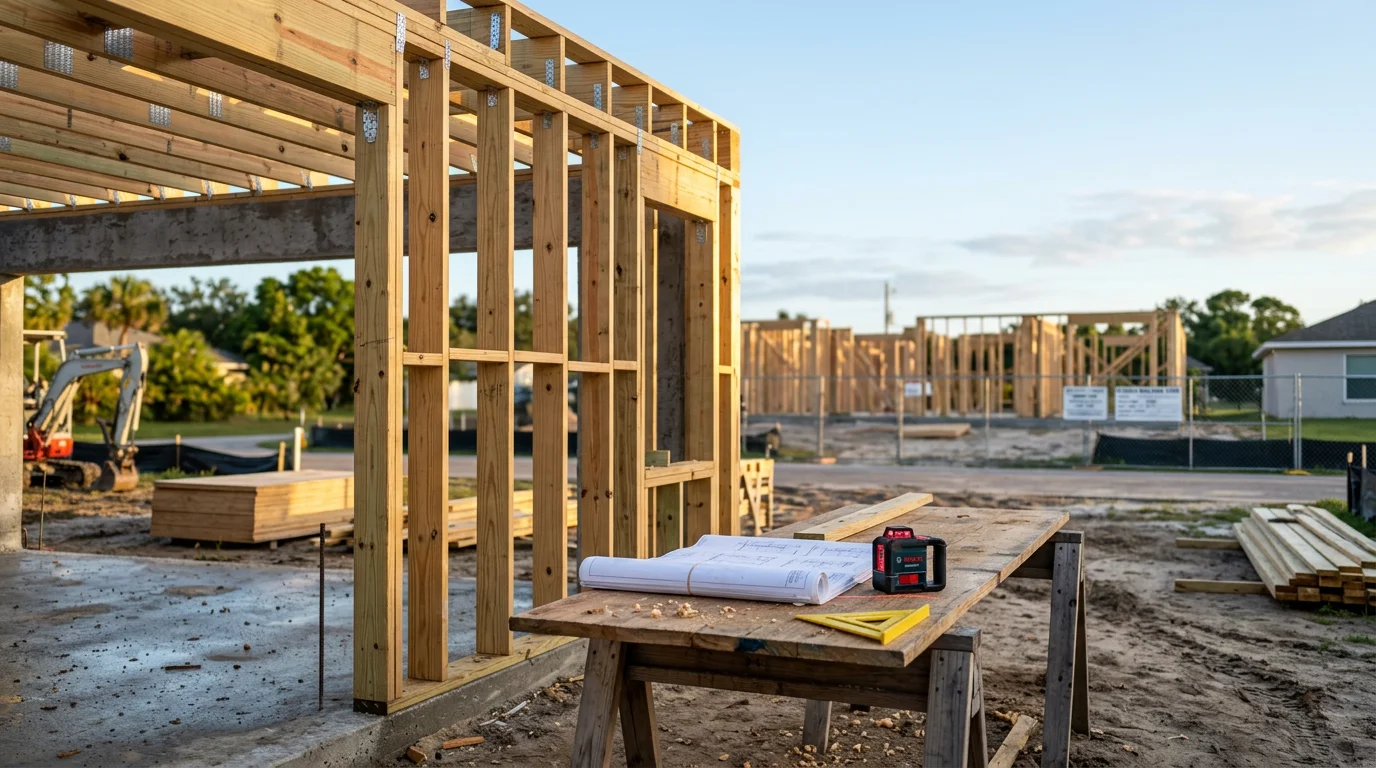 A newly framed single-family home under construction on a residential lot in Ft. Myers, FL, with wood framing and roof trusses visible against a clear Southwest Florida sky. A general contractor reviews plans on site during the framing phase.