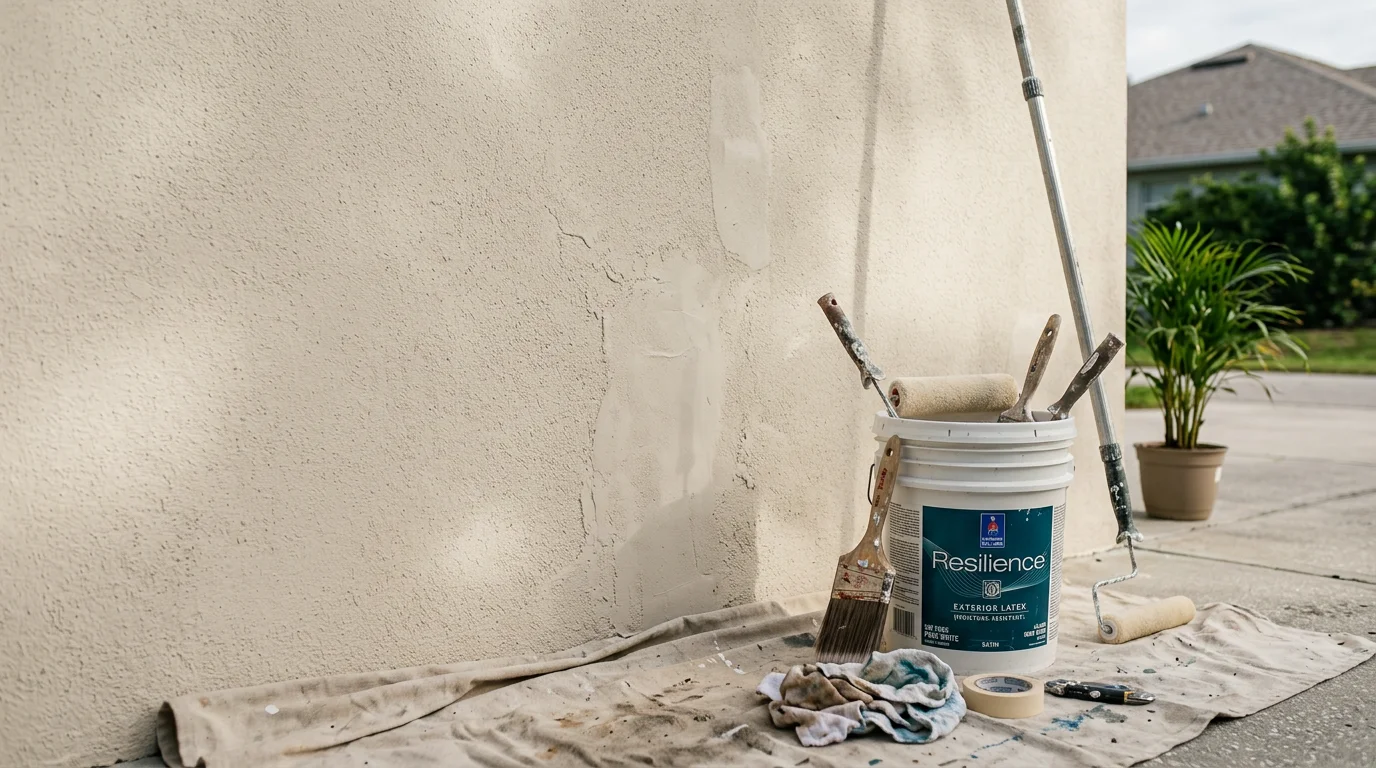 A freshly painted single-family home exterior in Ft. Myers, FL showing clean stucco walls and bright trim. A residential painter from Ser-Eve LLC applies a smooth, even coat to the front facade under clear Southwest Florida skies.